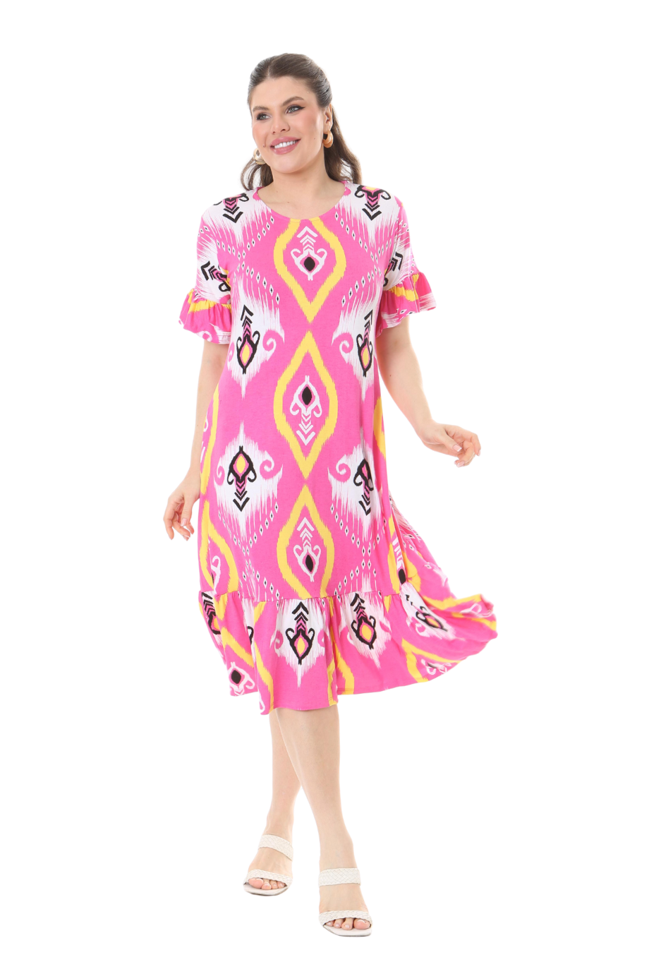 Melsay Butik Kısa Kollu Fırfırlı Cepli Pembe Motif Desenli Midi Elbise