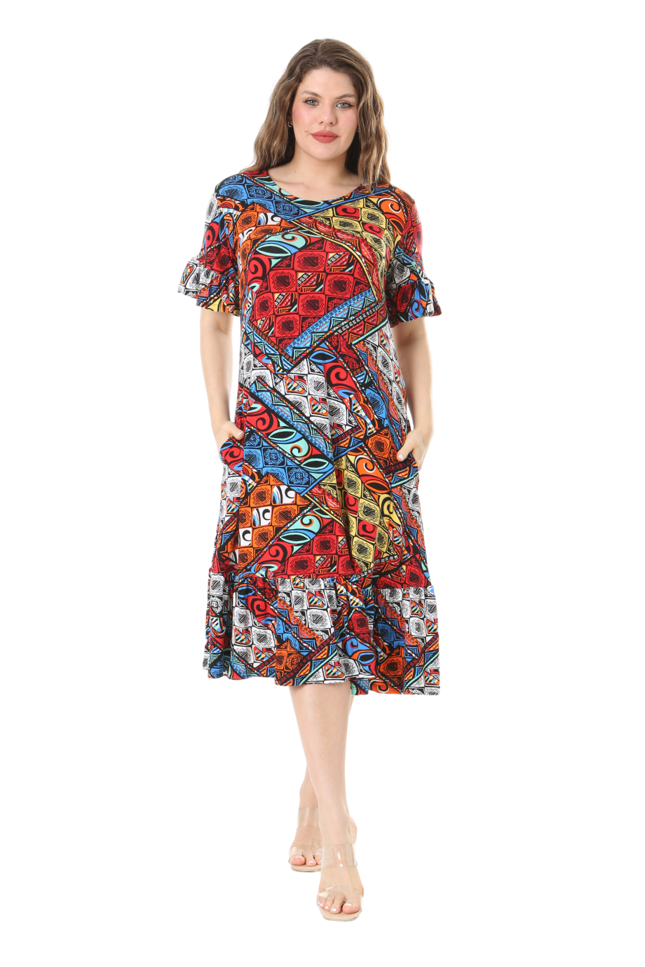 Melsay Butik Kısa Kollu Fırfırlı Cepli Mavi Patchwork Desenli Midi Elbise