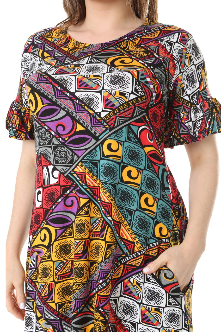 Melsay Butik Kısa Kollu Fırfırlı Cepli Sarı Patchwork Desenli Midi Elbise