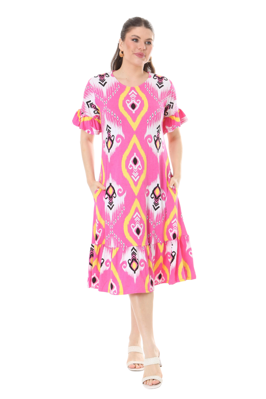 Melsay Butik Kısa Kollu Fırfırlı Cepli Pembe Motif Desenli Midi Elbise