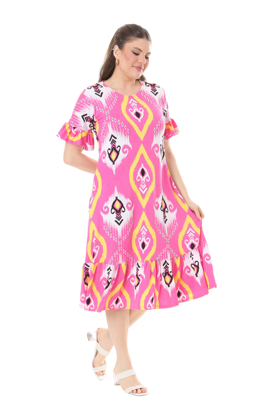 Melsay Butik Kısa Kollu Fırfırlı Cepli Pembe Motif Desenli Midi Elbise
