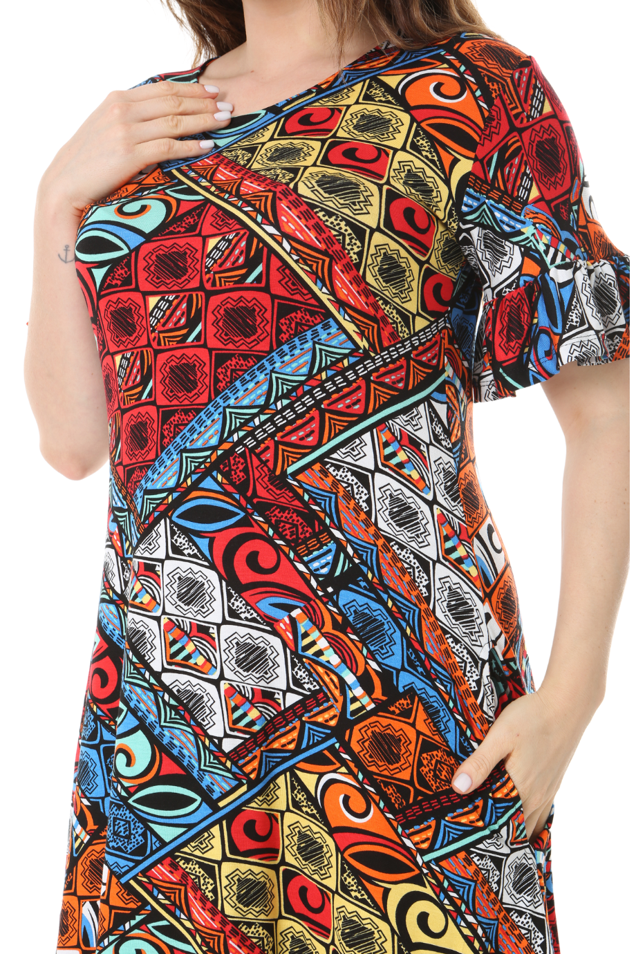 Melsay Butik Kısa Kollu Fırfırlı Cepli Mavi Patchwork Desenli Midi Elbise