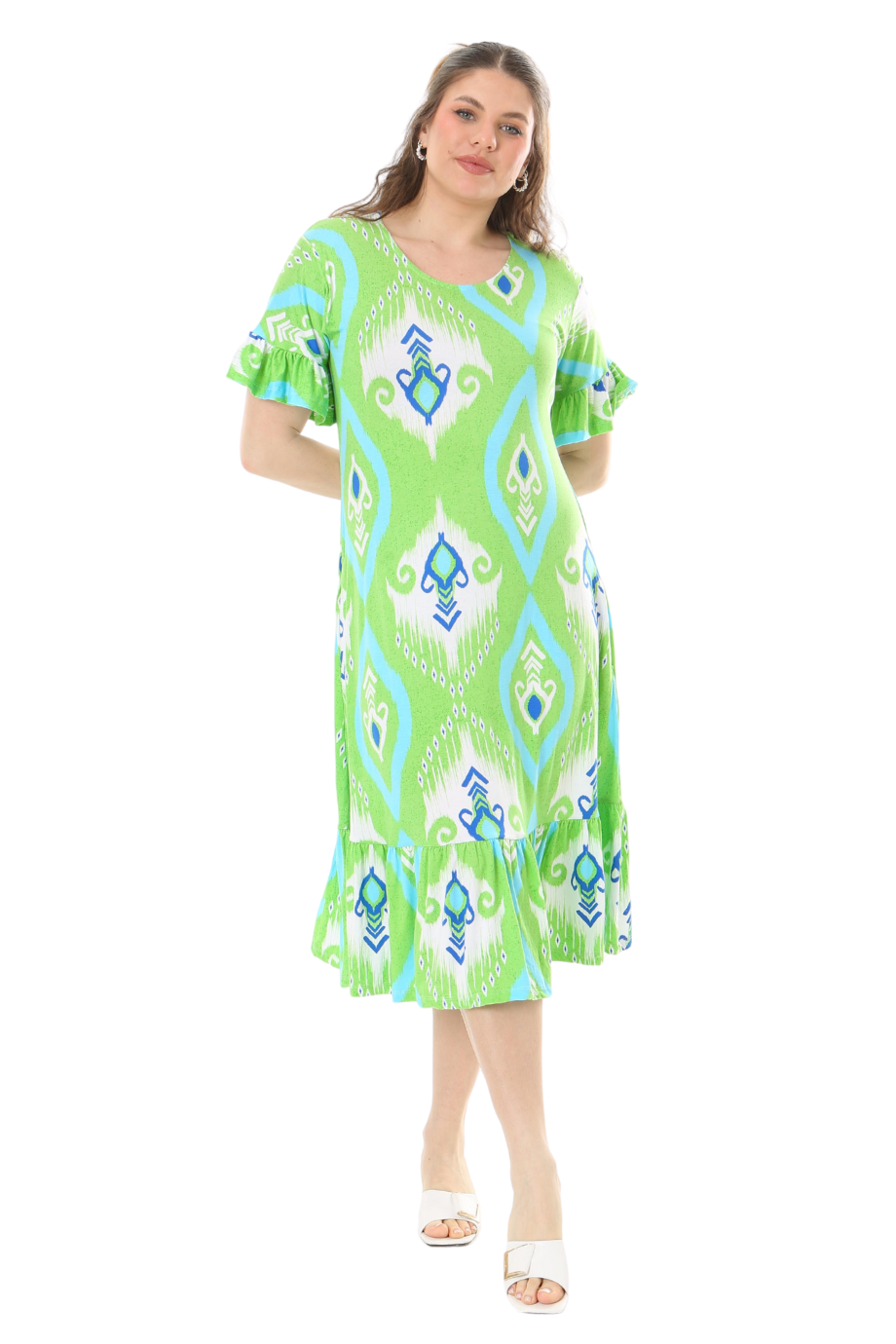 Melsay Butik Kısa Kollu Fırfırlı Cepli Yeşil Motif Desenli Midi Elbise