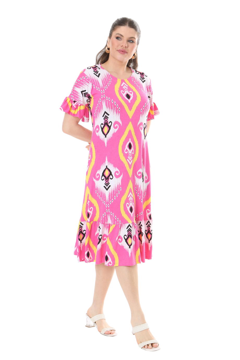 Melsay Butik Kısa Kollu Fırfırlı Cepli Pembe Motif Desenli Midi Elbise
