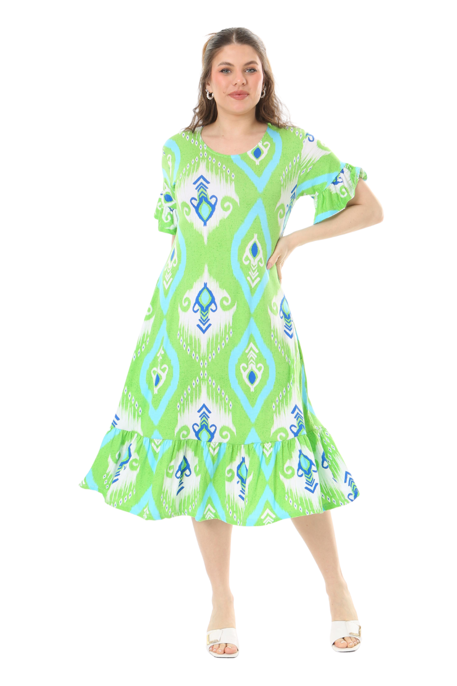 Melsay Butik Kısa Kollu Fırfırlı Cepli Yeşil Motif Desenli Midi Elbise