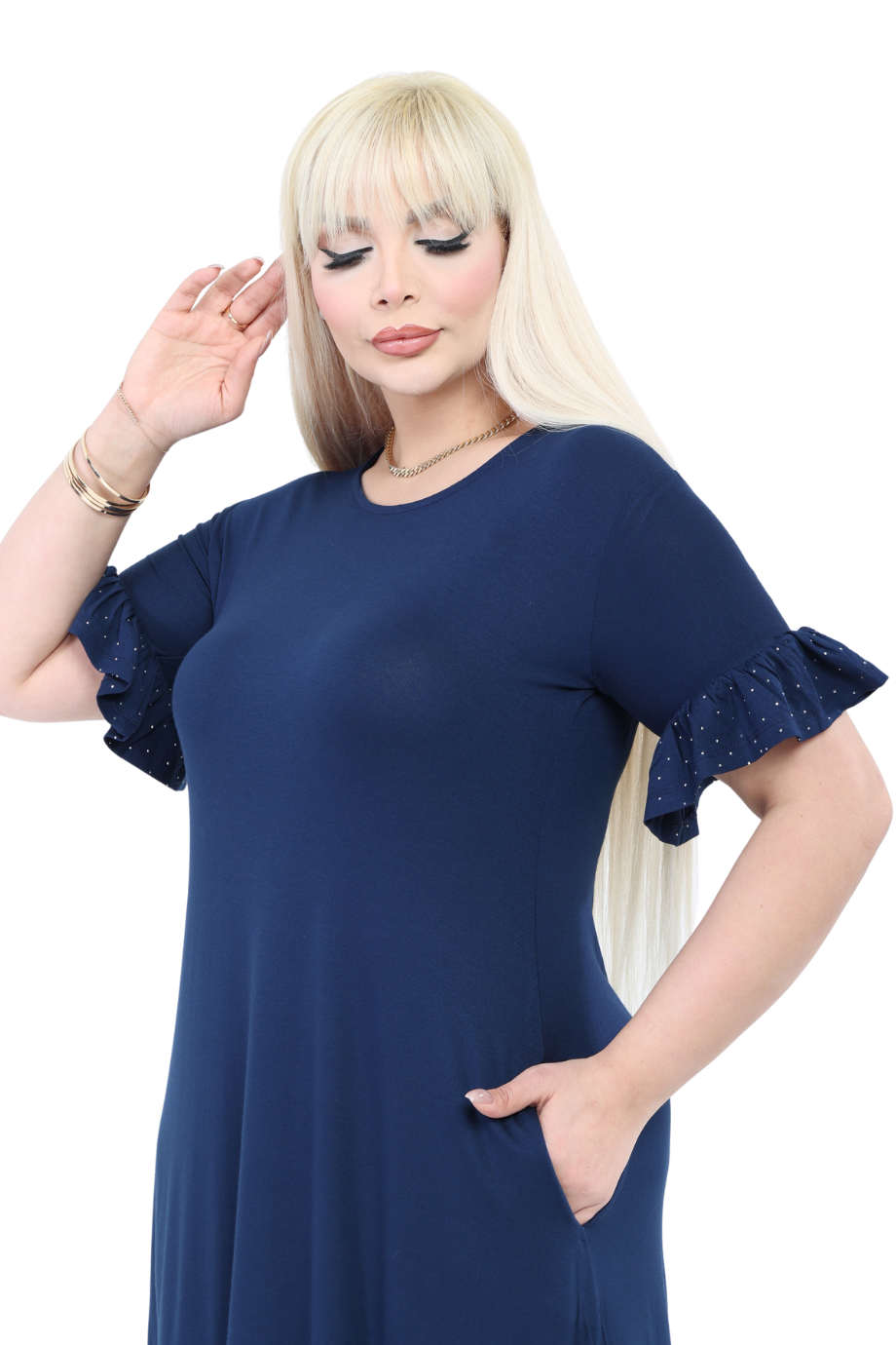 Melsay Butik Kolları Taş Baskılı Fırfırlı Kısa Kollu Lacivert Kadın Midi Elbise