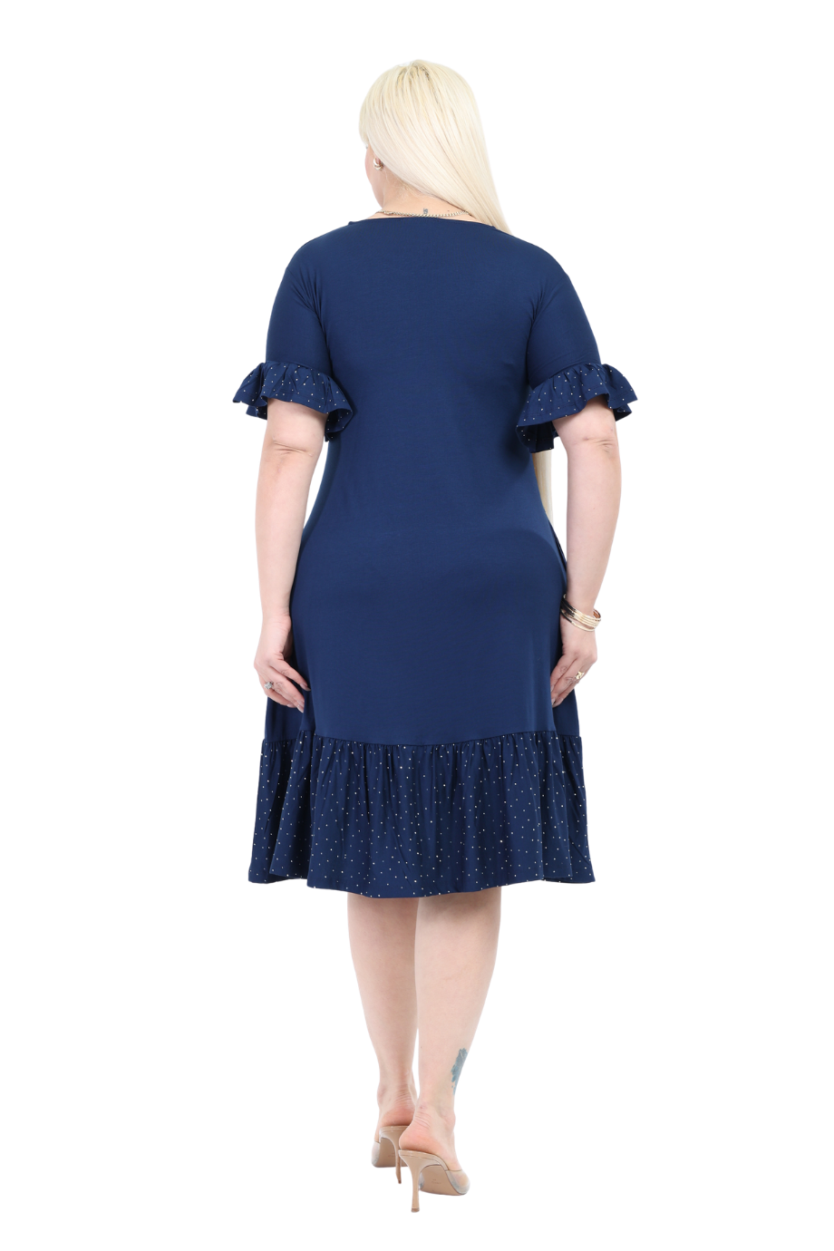 Melsay Butik Kolları Taş Baskılı Fırfırlı Kısa Kollu Lacivert Kadın Midi Elbise