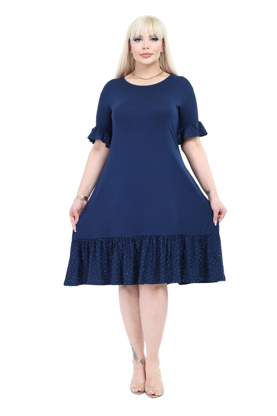 Melsay Butik Kolları Taş Baskılı Fırfırlı Kısa Kollu Lacivert Kadın Midi Elbise
