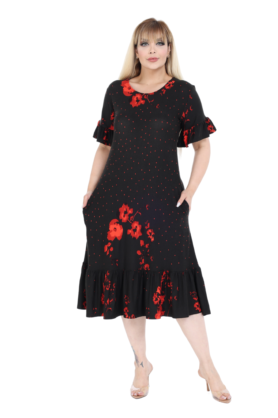Melsay Butik Kolları ve Eteği Fırfırlı Kırmızı Puanlı Gelincik Desen Cepli Kadın Elbise