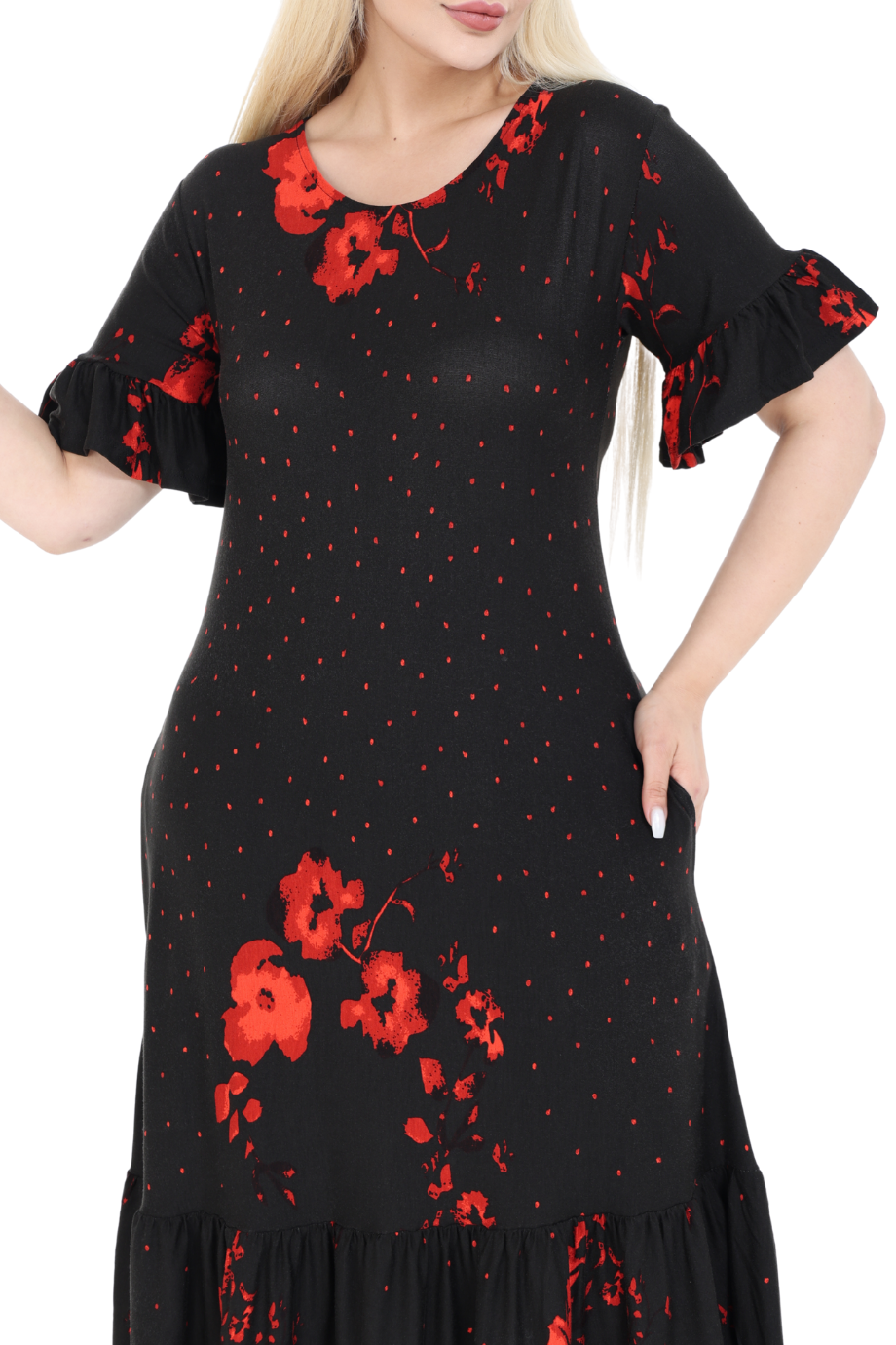Melsay Butik Kolları ve Eteği Fırfırlı Kırmızı Puanlı Gelincik Desen Cepli Kadın Elbise
