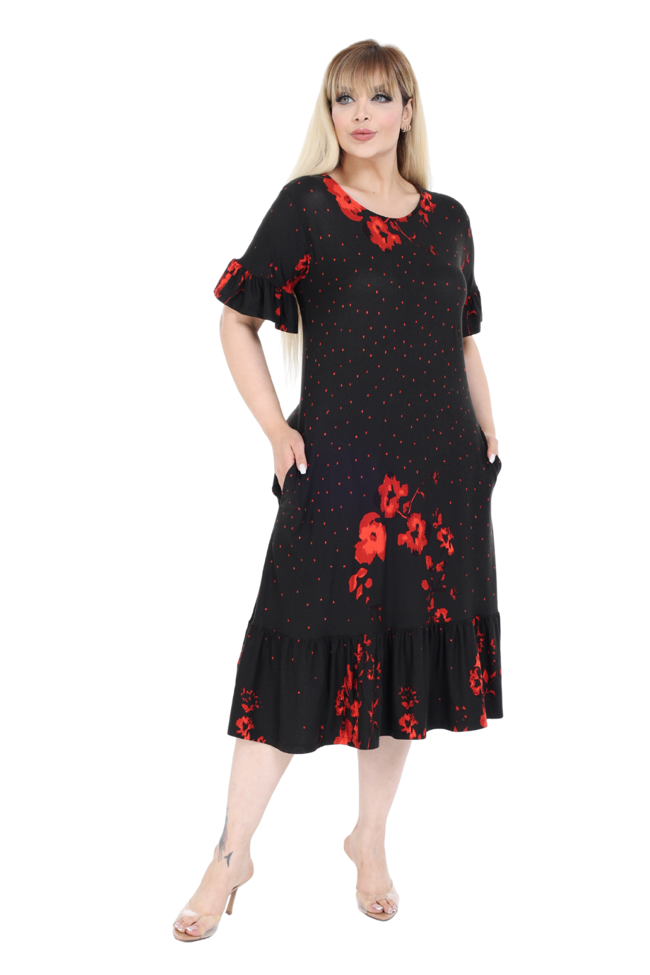 Melsay Butik Kolları ve Eteği Fırfırlı Kırmızı Puanlı Gelincik Desen Cepli Kadın Elbise