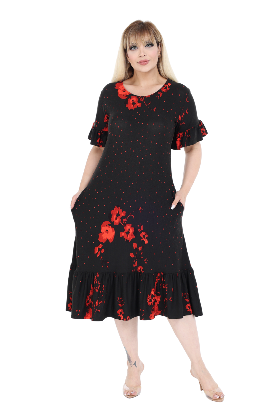 Melsay Butik Kolları ve Eteği Fırfırlı Kırmızı Puanlı Gelincik Desen Cepli Kadın Elbise