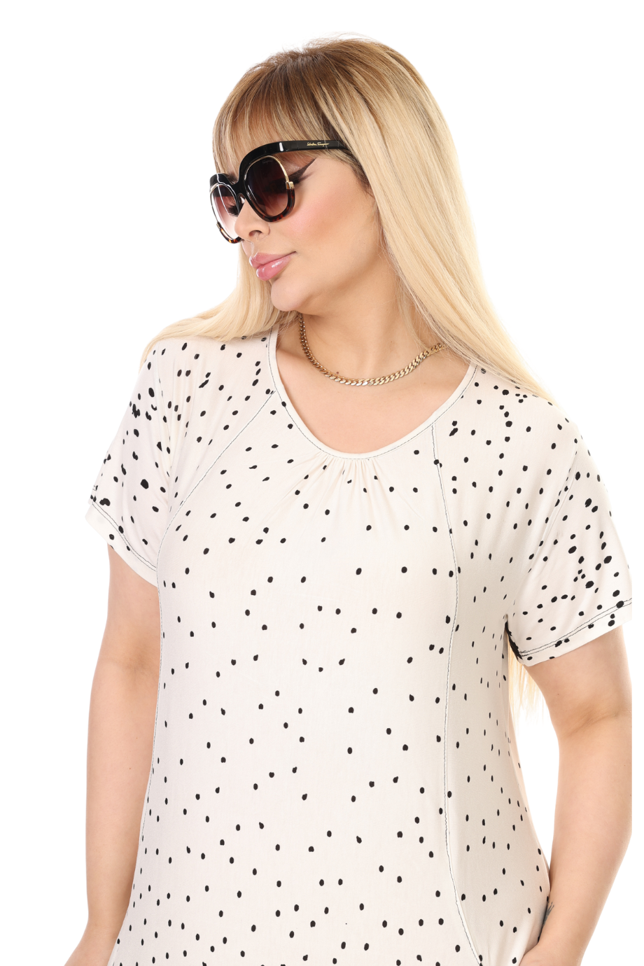 Melsay Butik Krem Puanlı Eteği Leopar Desen Kuplu Cepli Kısa Kol Kadın Midi Elbise