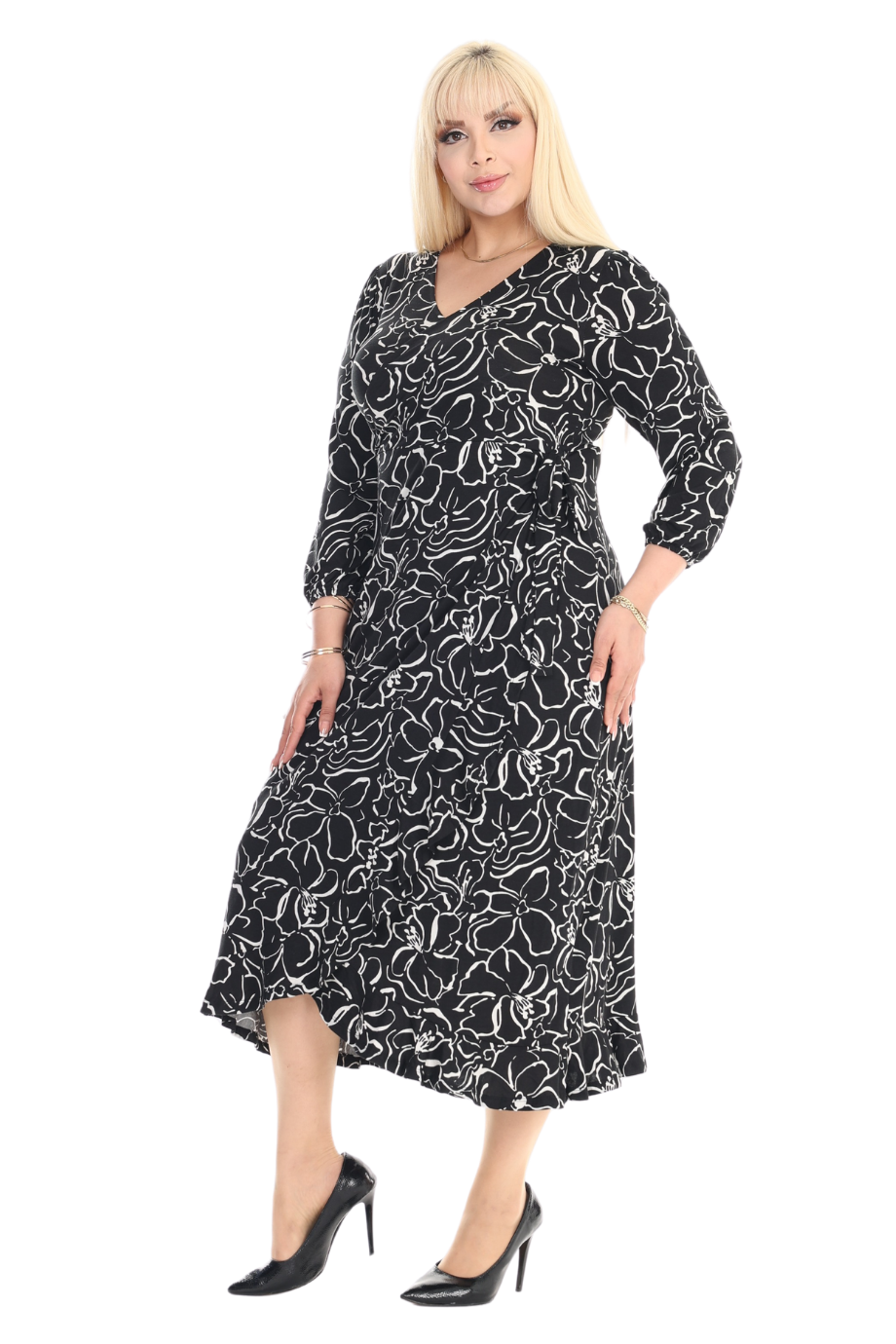 Melsay Butik Kruvaze Yaka Siyah Çiçek Desen Anvelop Etek Midi Elbise