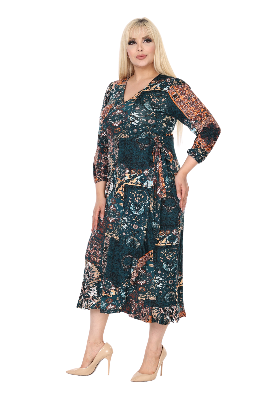 Melsay Butik Kruvaze Yaka Yeşil Etnik Desen Anvelop Etek Midi Elbise