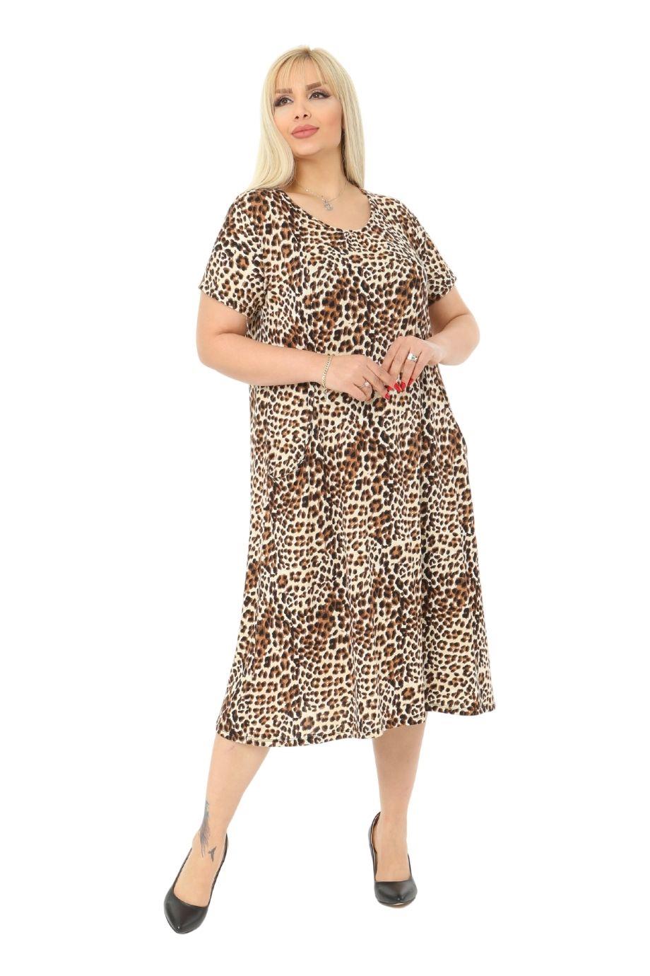 Melsay Butik Küçük Leopar Desen Cepli Kısa Kol Kadın Midi Elbise