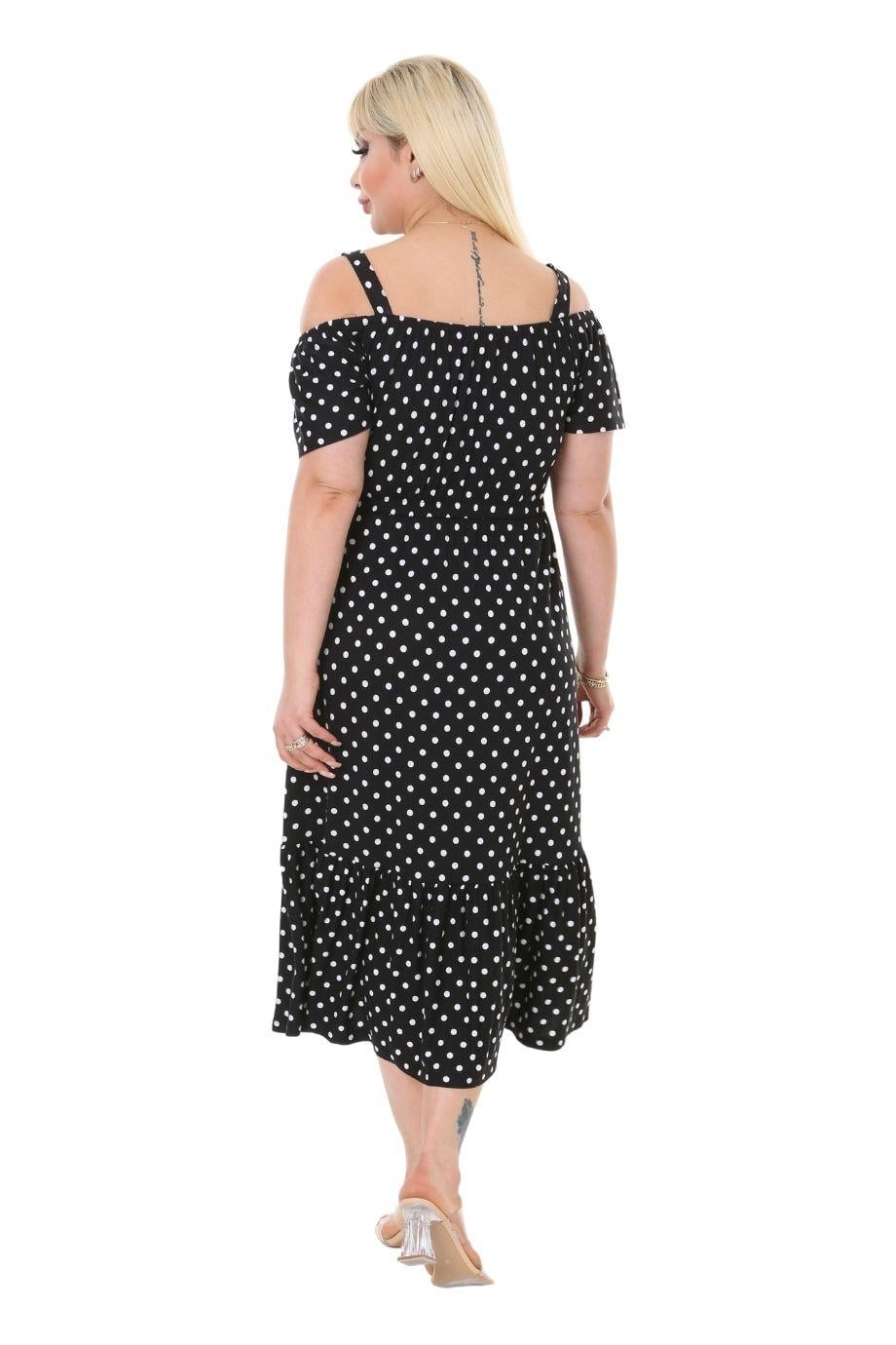 Melsay Butik Küçük Puanlı Madonna Yaka Askılı Midi Elbise