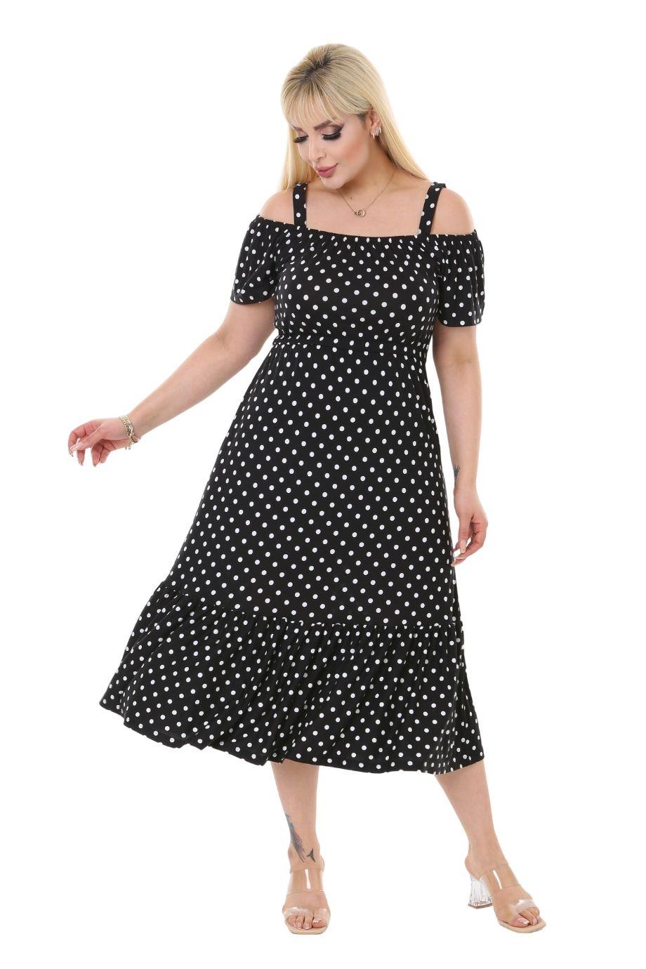 Melsay Butik Küçük Puanlı Madonna Yaka Askılı Midi Elbise