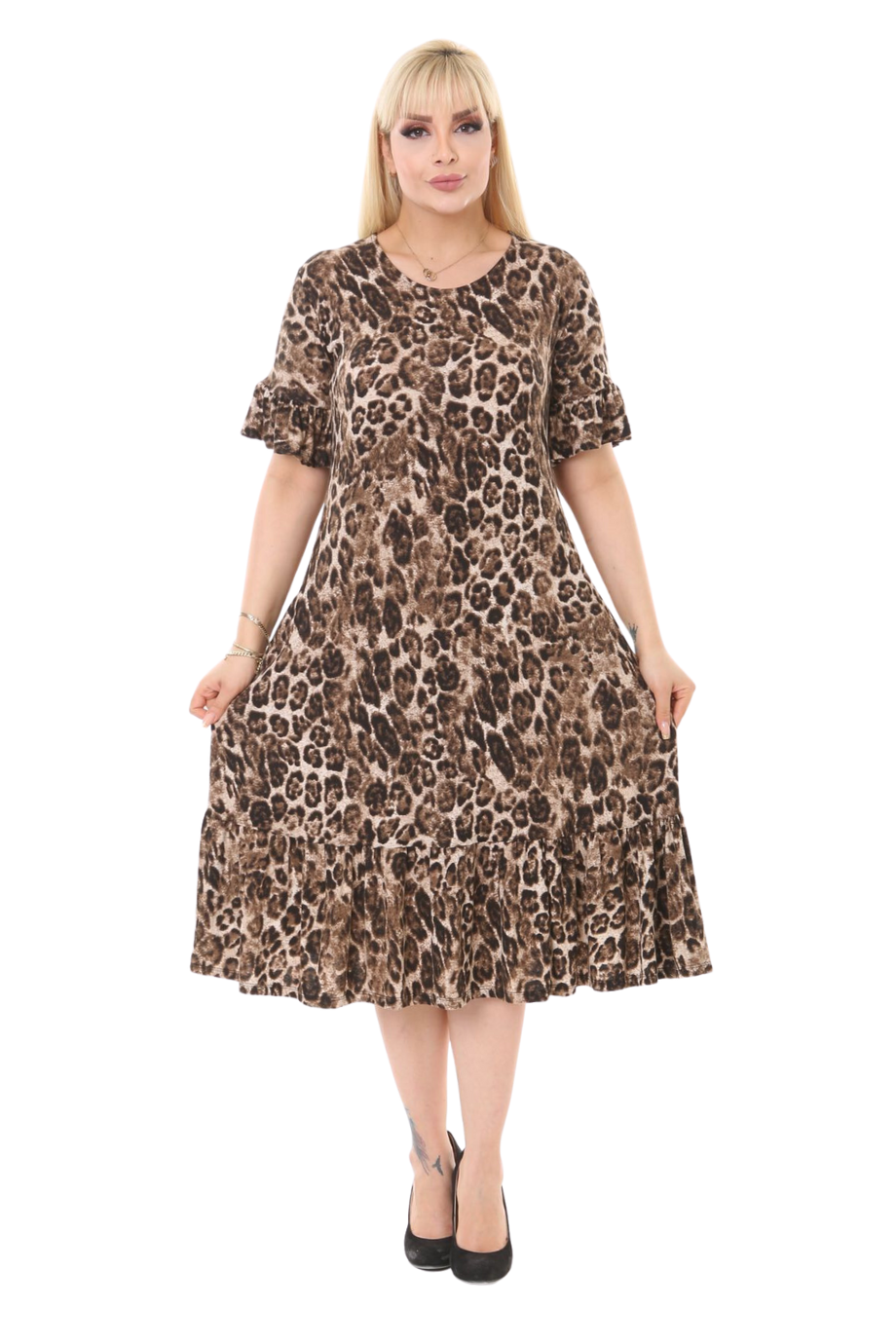 Melsay Butik Leopar Desen Fırfırlı Kısa Kollu Kadın Midi Elbise