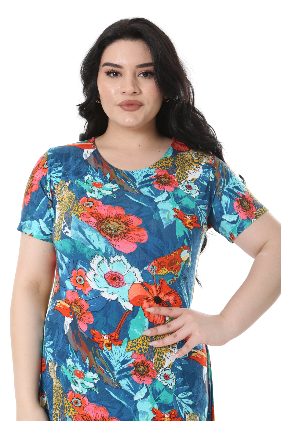 Melsay Butik Mavi Afrika Desen Kısa Kollu Midi Elbise