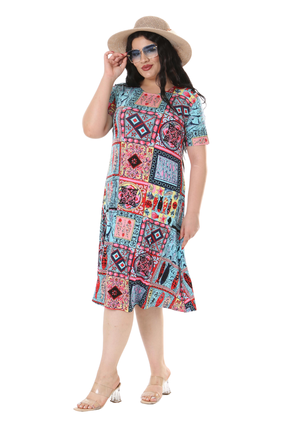 Melsay Butik Mavi Çini Desen Kısa Kollu Büyük Beden Midi Elbise