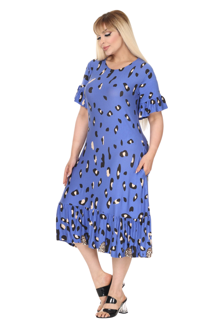 Melsay Butik Mavi Eteği Fırfırlı Sulu Leopar Desen Cepli Elbise