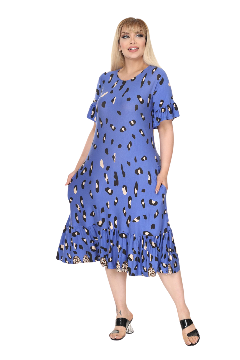 Melsay Butik Mavi Eteği Fırfırlı Sulu Leopar Desen Cepli Elbise