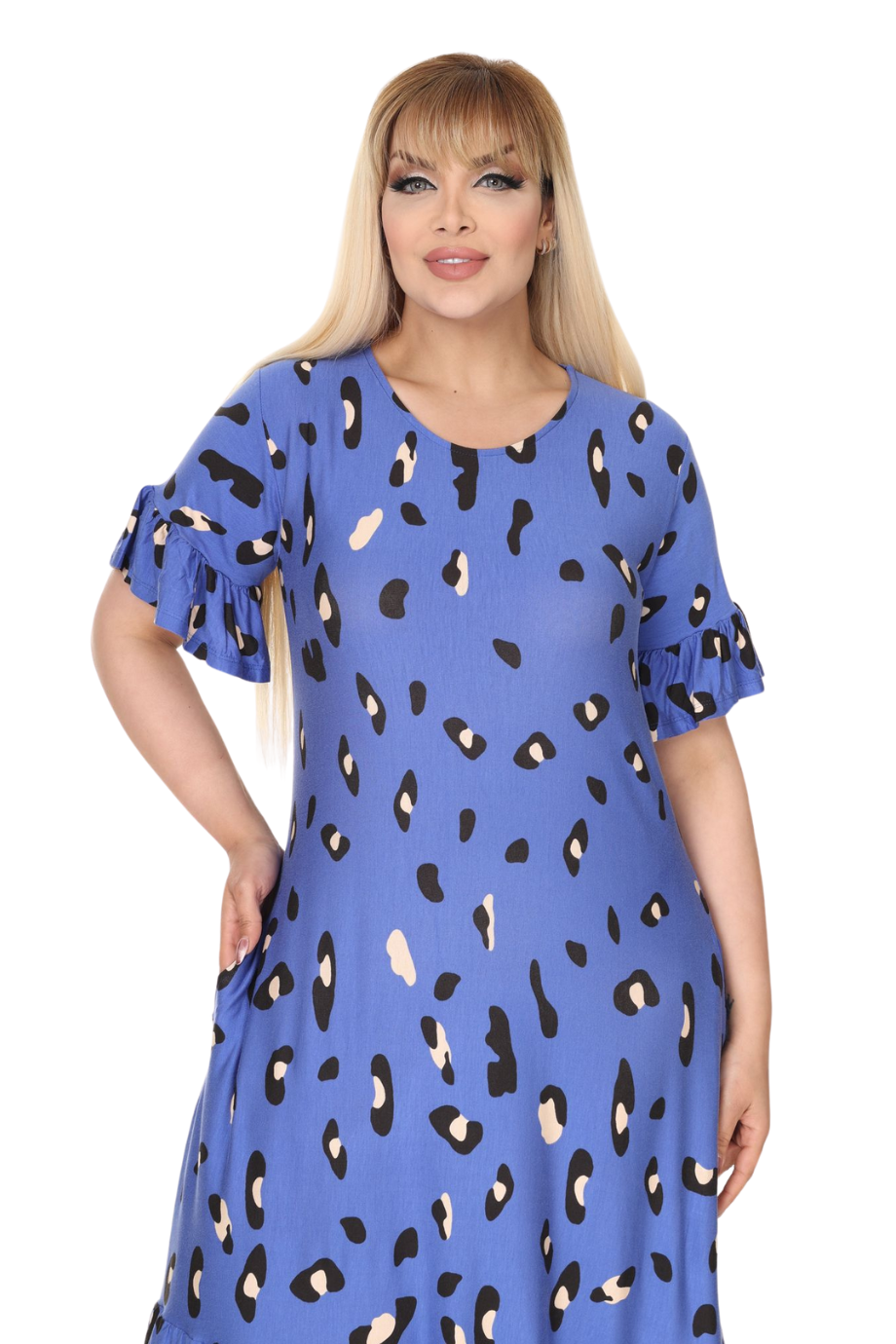 Melsay Butik Mavi Eteği Fırfırlı Sulu Leopar Desen Cepli Elbise