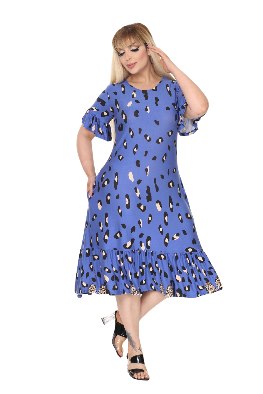 Melsay Butik Mavi Eteği Fırfırlı Sulu Leopar Desen Cepli Elbise