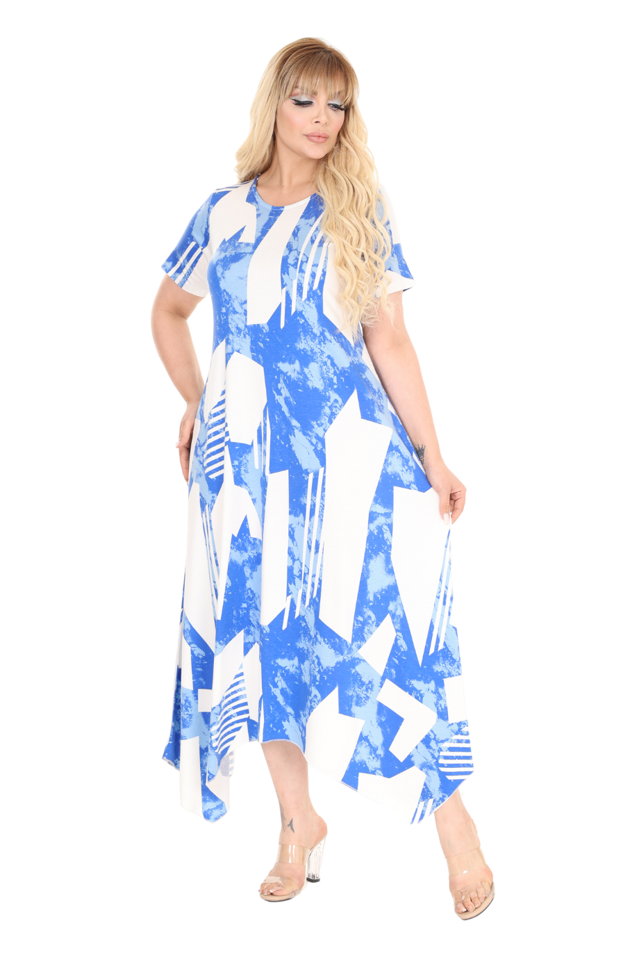 Melsay Butik Mavi Vintage Desen Asimetrik Kısa Kollu Elbise