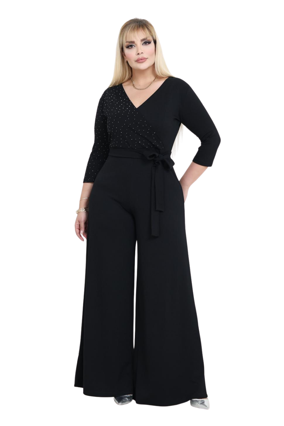 Melsay Butik Modal Kruvaze Yaka Siyah Taş Baskılı Büyük Beden Tulum