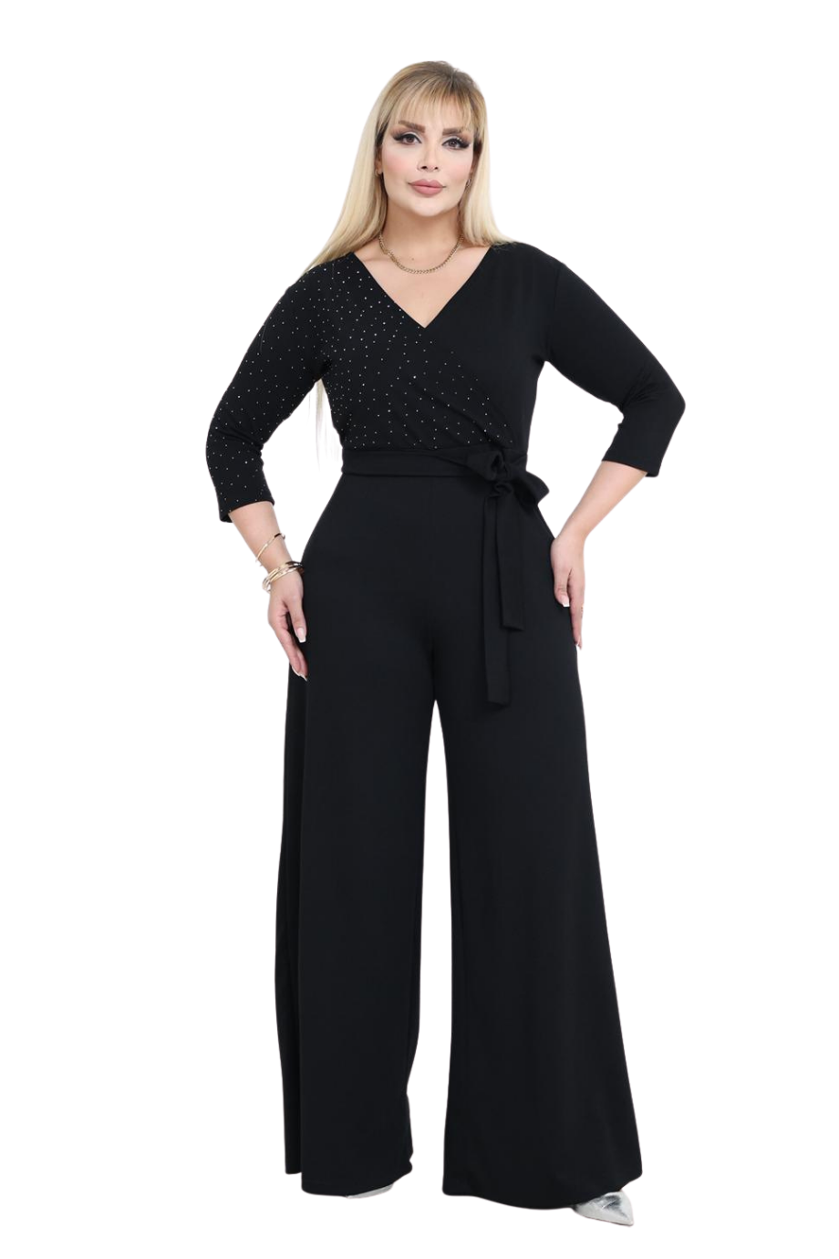 Melsay Butik Modal Kruvaze Yaka Siyah Taş Baskılı Büyük Beden Tulum