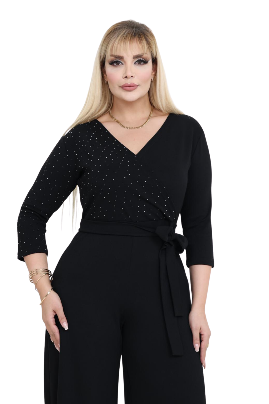 Melsay Butik Modal Kruvaze Yaka Siyah Taş Baskılı Büyük Beden Tulum