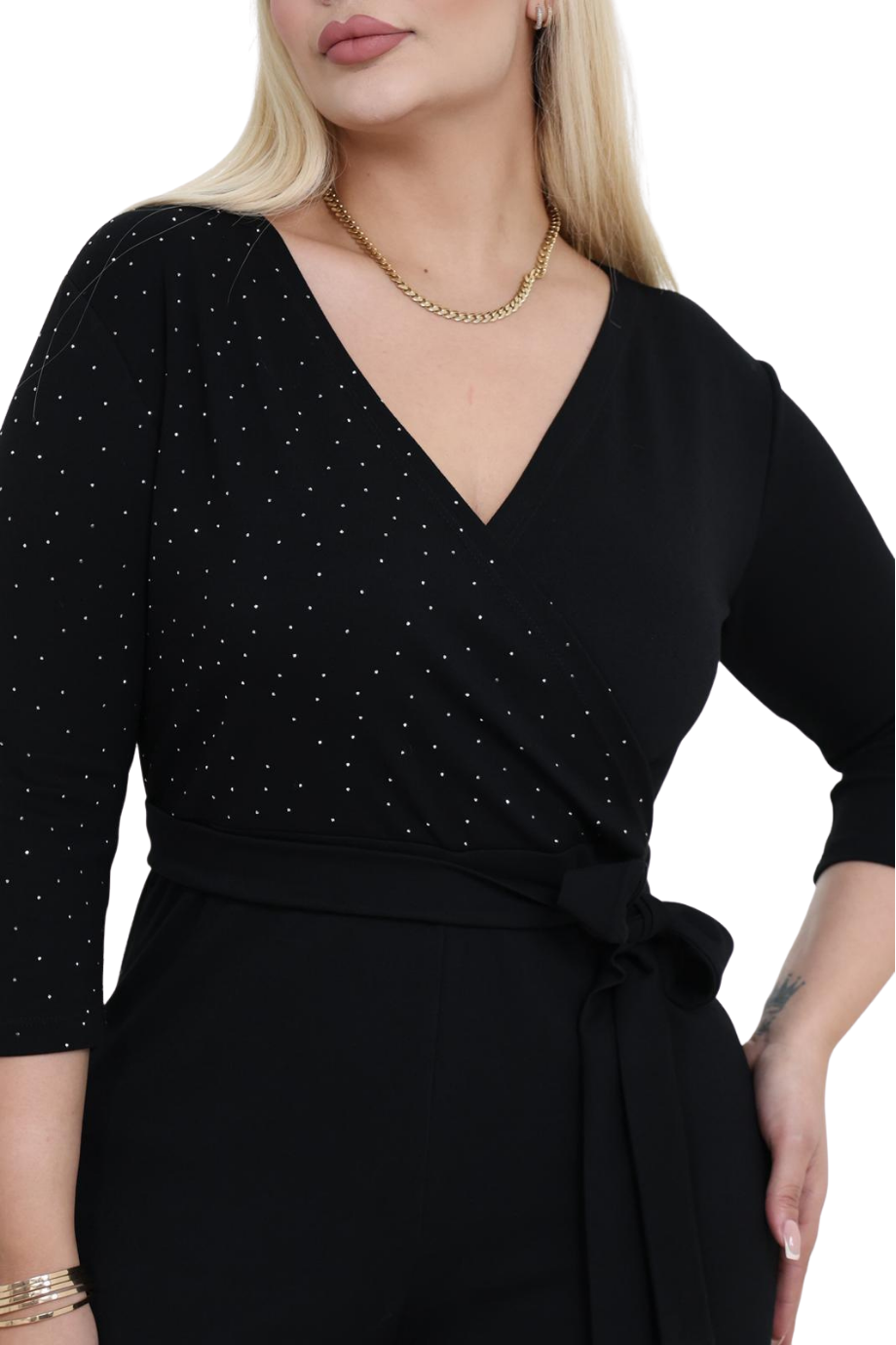 Melsay Butik Modal Kruvaze Yaka Siyah Taş Baskılı Büyük Beden Tulum