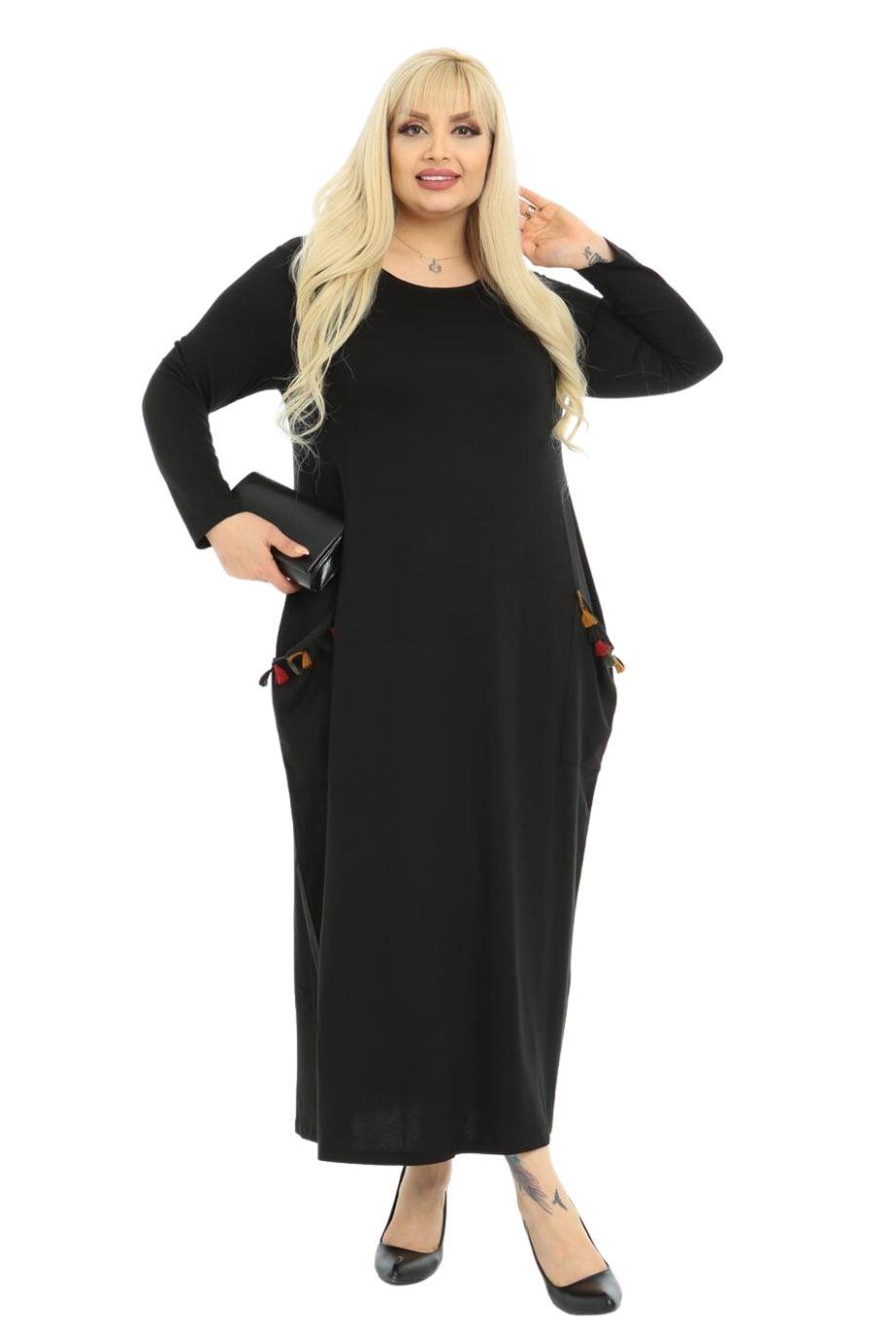 Melsay Butik Püsküllü Cepli Kadın Uzun Kollu Siyah Tesettür Elbise