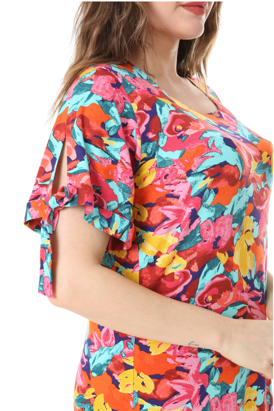 Melsay Butik Sarı Gül Desen Kolları Bağlamalı Kısa Kollu Kadın Midi Elbise