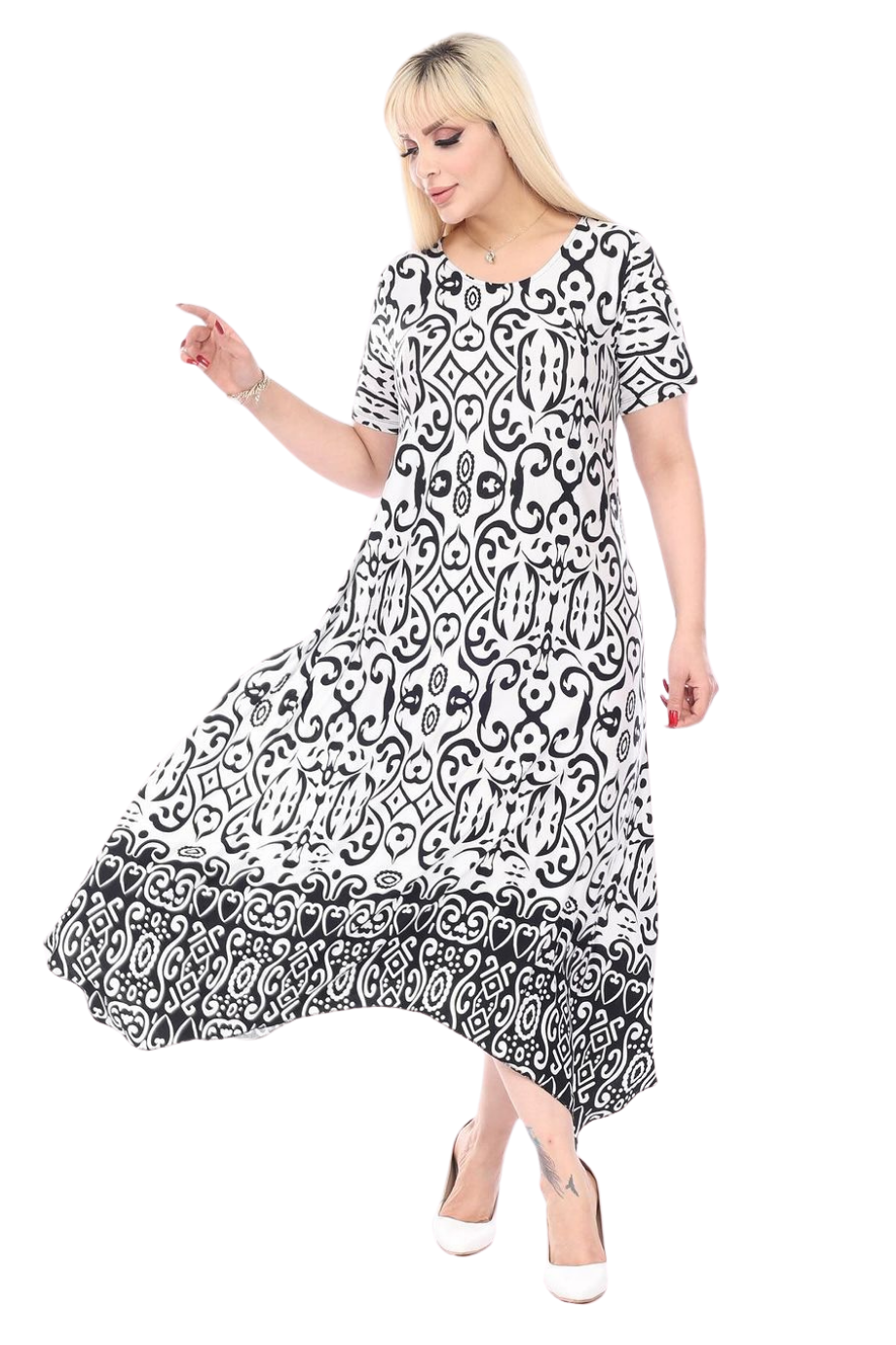 Melsay Butik Siyah Beyaz Kilim Desen Asimetrik Kısa Kollu Elbise