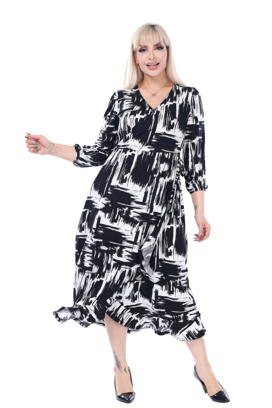 Melsay Butik Siyah Beyaz Kruvaze Yaka Fırça Desen Anvelop Midi Elbise