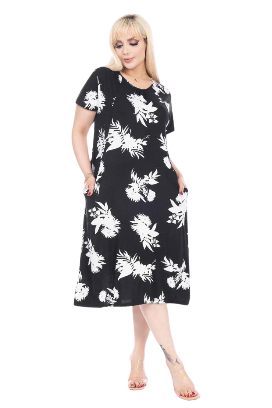 Melsay Butik Siyah Beyaz Yaprak Desen Kuplu Cepli Kısa Kol Kadın Midi Elbise