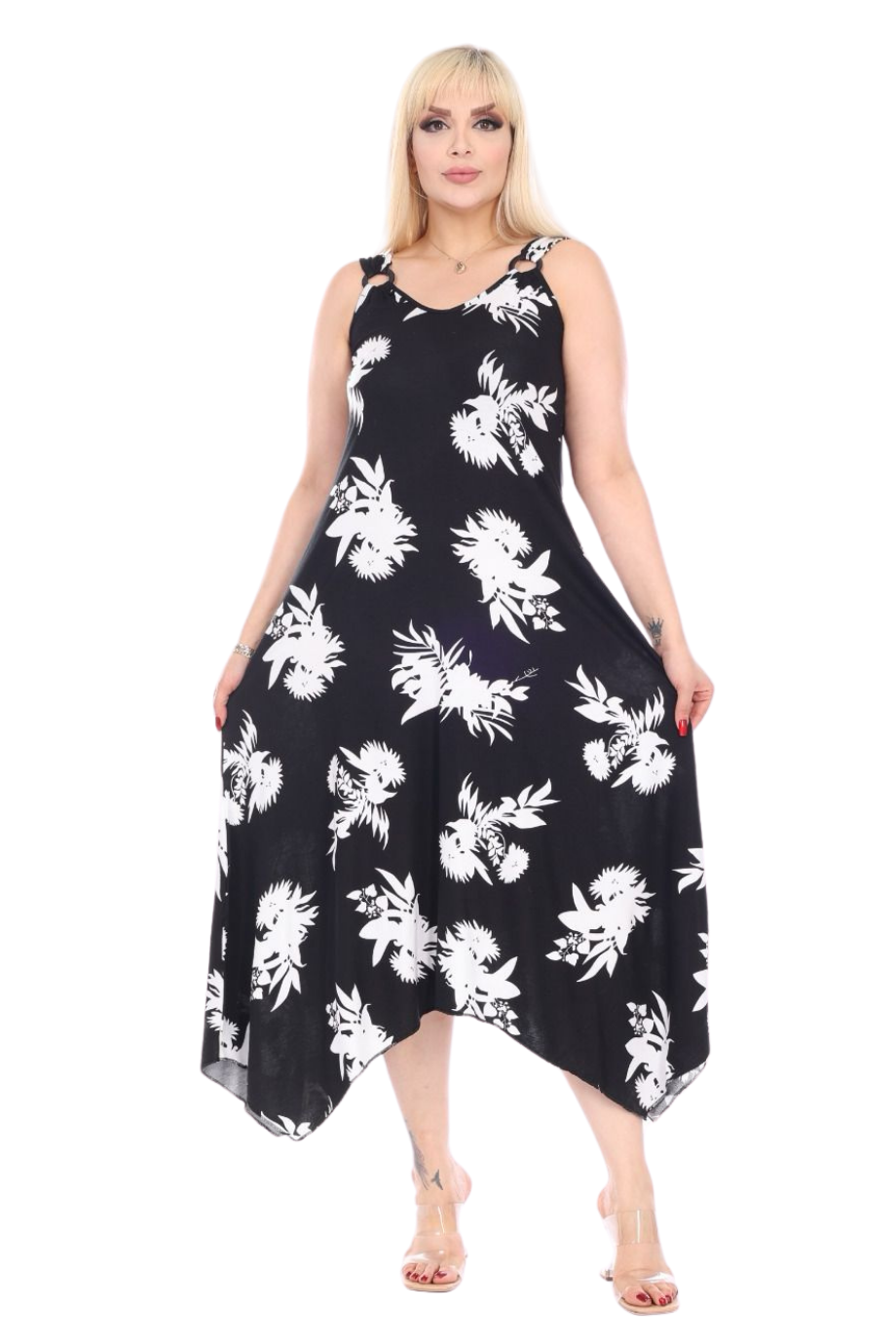 Melsay Butik Siyah Beyaz Yaprak Desen Askılı V Yaka Elbise