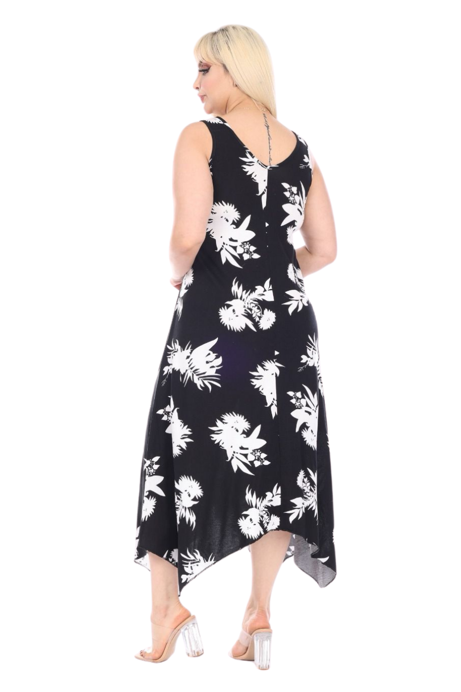 Melsay Butik Siyah Beyaz Yaprak Desen Askılı V Yaka Elbise