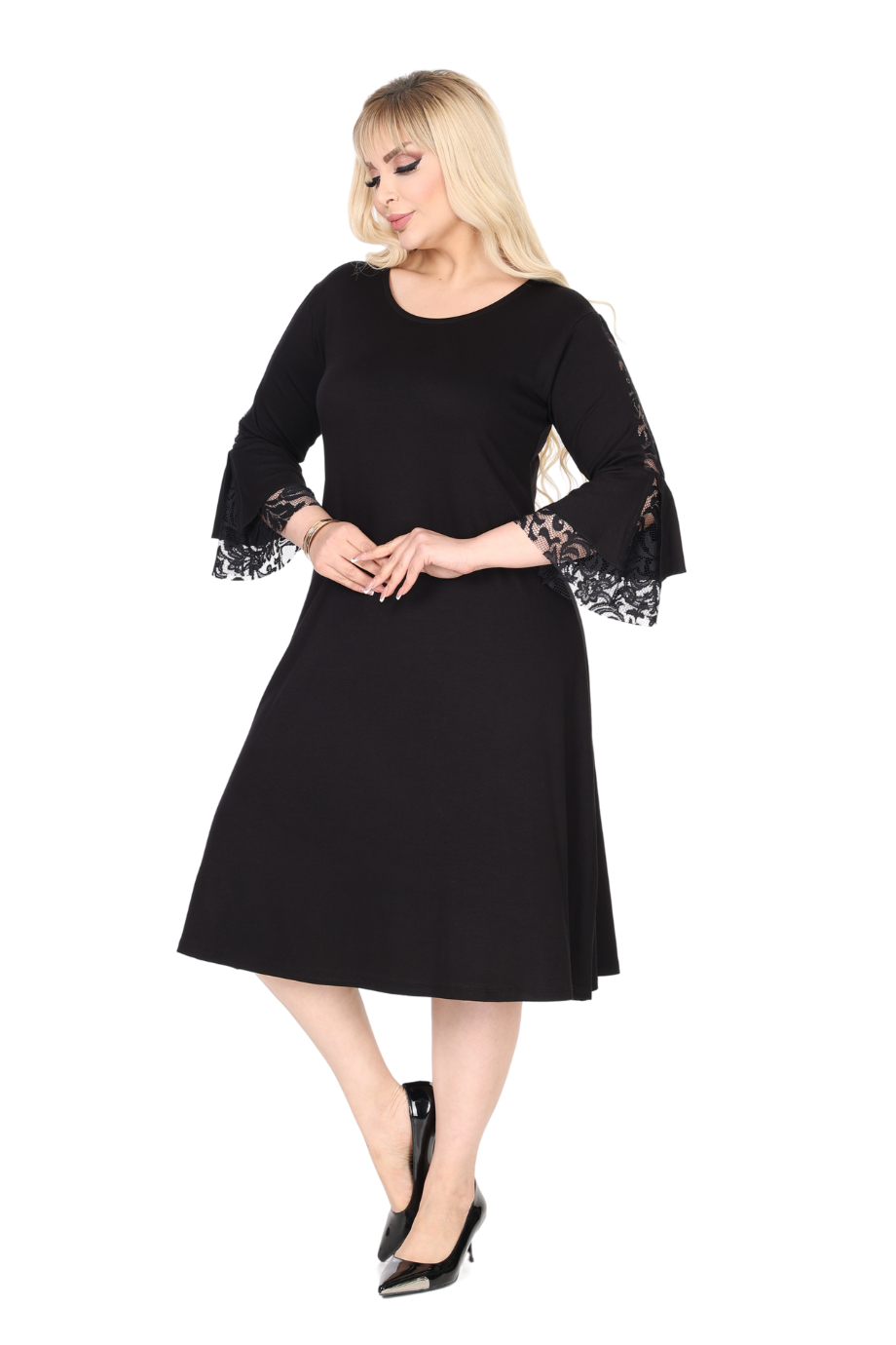 Melsay Butik Siyah Bisiklet Yaka Truvakar Kol Dantel Detaylı Abiye Elbise