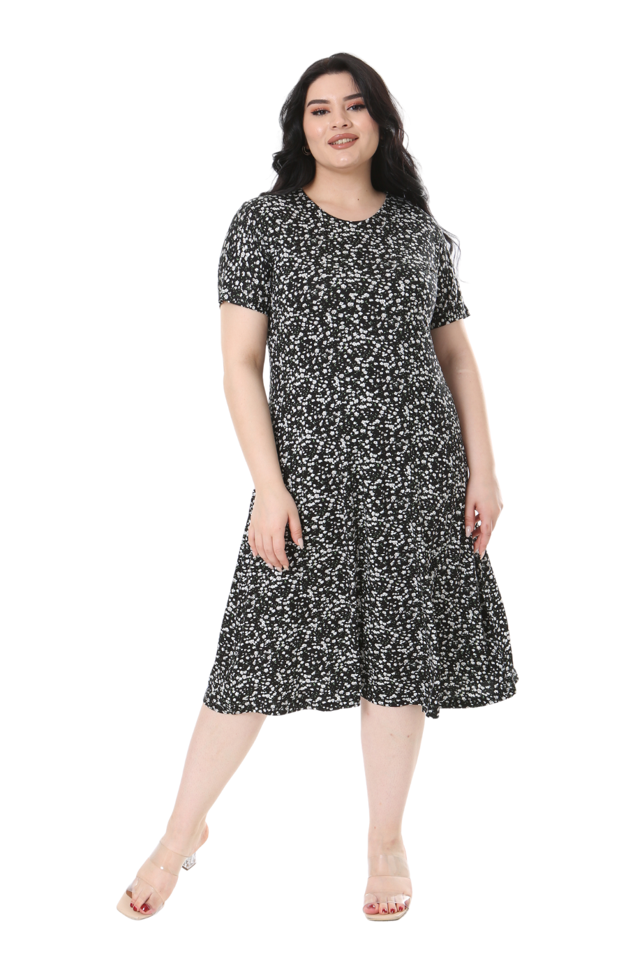 Melsay Butik Siyah Çıtır Desen Kısa Kollu Büyük Beden Midi Elbise
