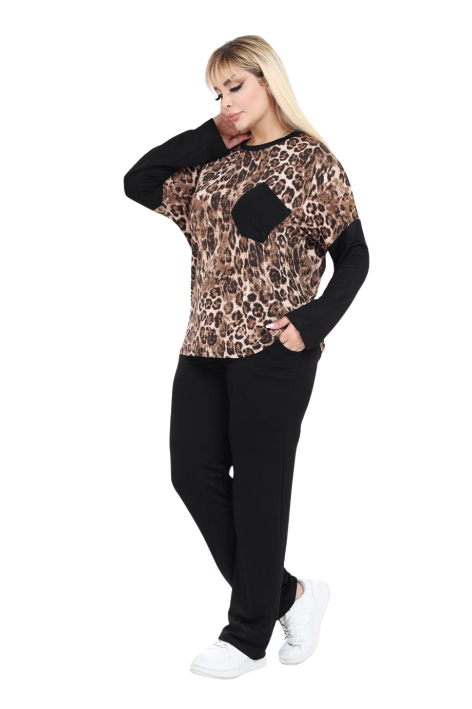 Melsay Butik Siyah Leopar Desen Çapraz Cep Detaylı Eşofman Takımı