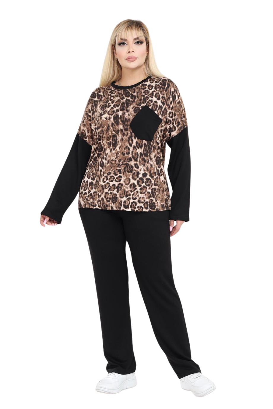 Melsay Butik Siyah Leopar Desen Çapraz Cep Detaylı Eşofman Takımı