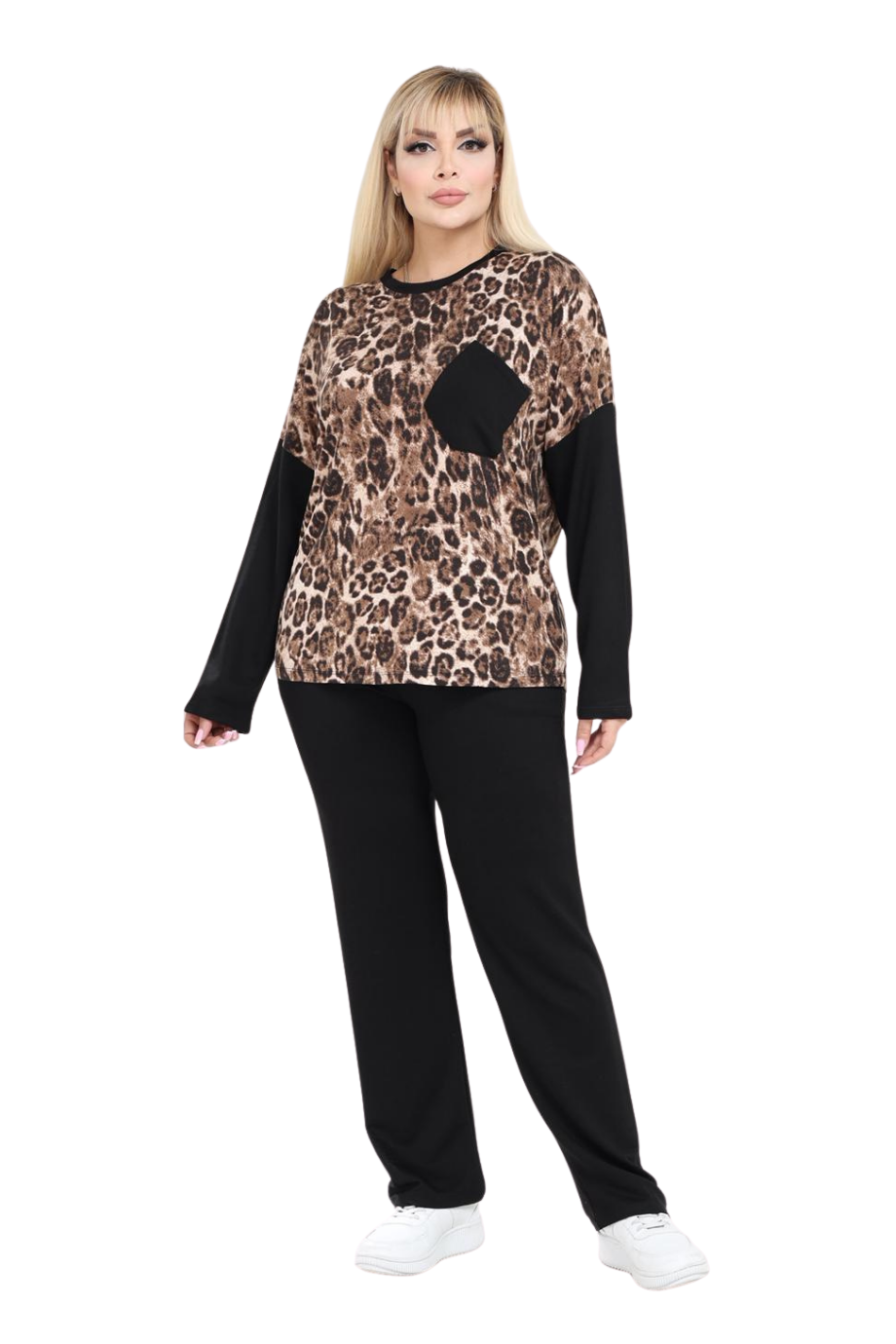 Melsay Butik Siyah Leopar Desen Çapraz Cep Detaylı Eşofman Takımı