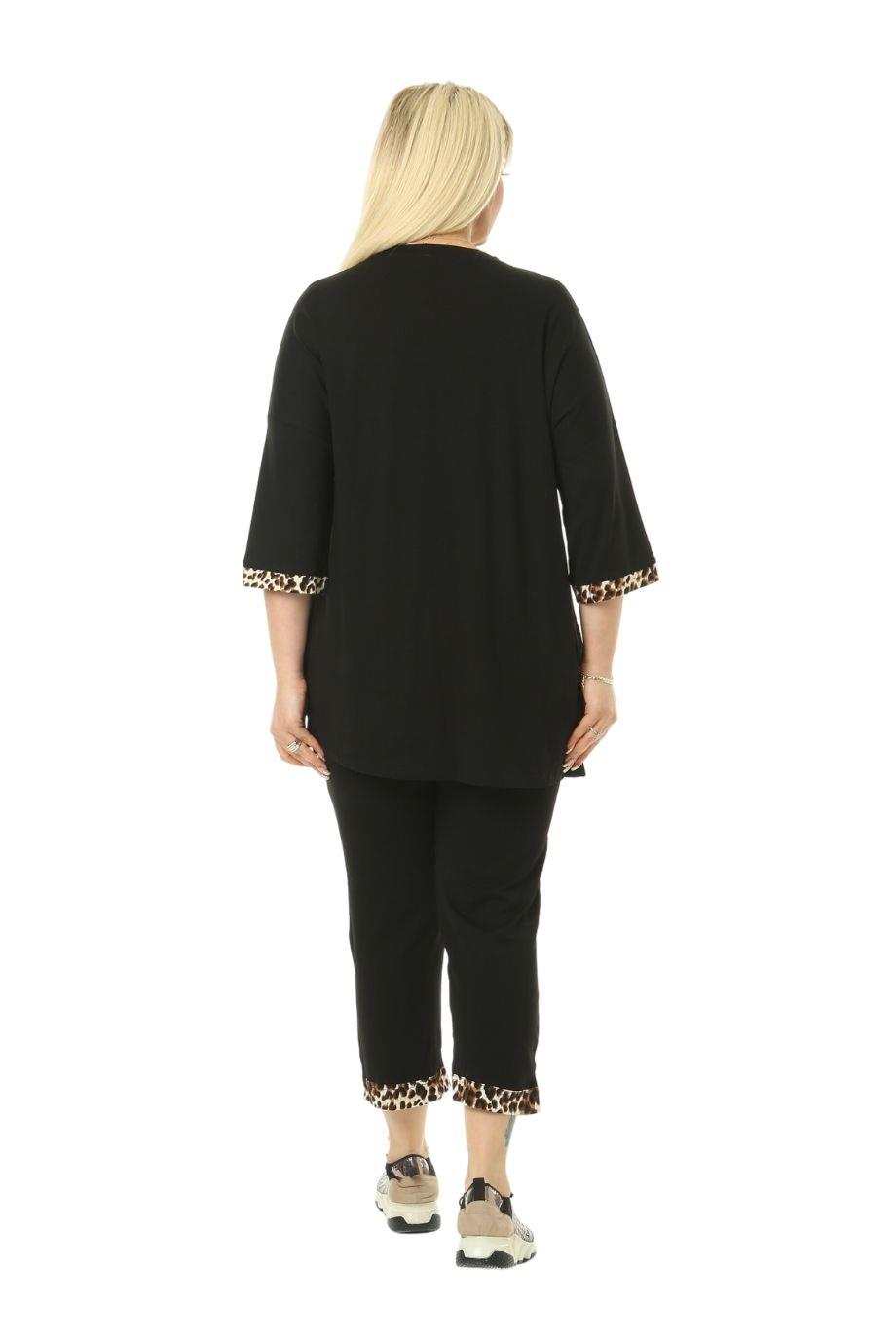 Melsay Butik Siyah Leopar Şeritli Büyük Beden Kadın Kapri Takımı