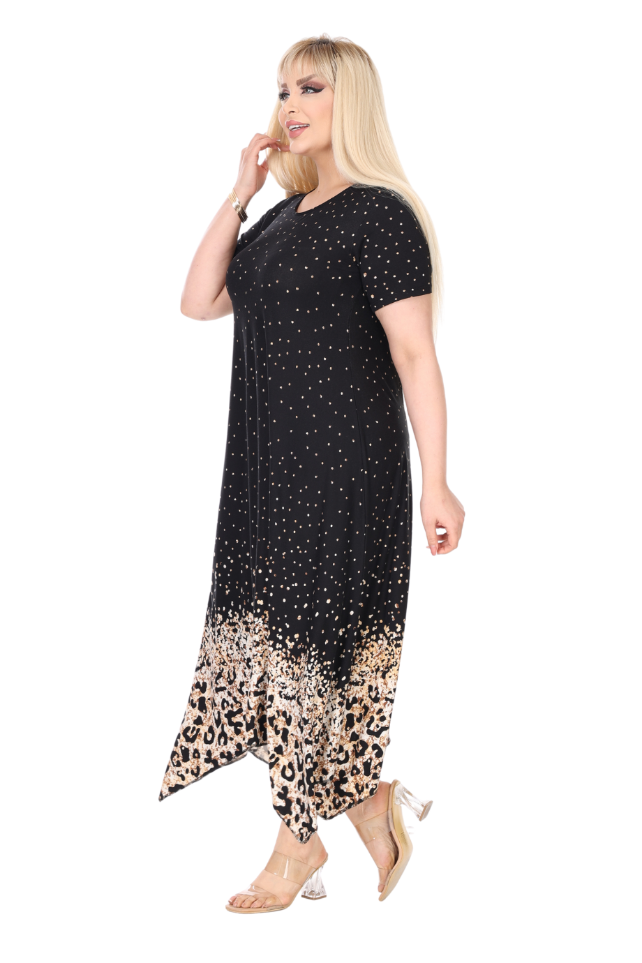 Melsay Butik Siyah Puanlı Eteği Leopar Desen Asimetrik Kısa Kollu Elbise