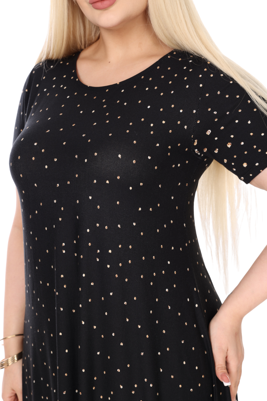 Melsay Butik Siyah Puanlı Eteği Leopar Desen Asimetrik Kısa Kollu Elbise