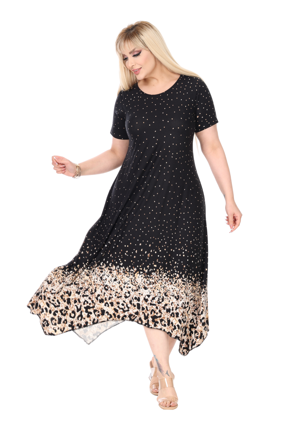 Melsay Butik Siyah Puanlı Eteği Leopar Desen Asimetrik Kısa Kollu Elbise